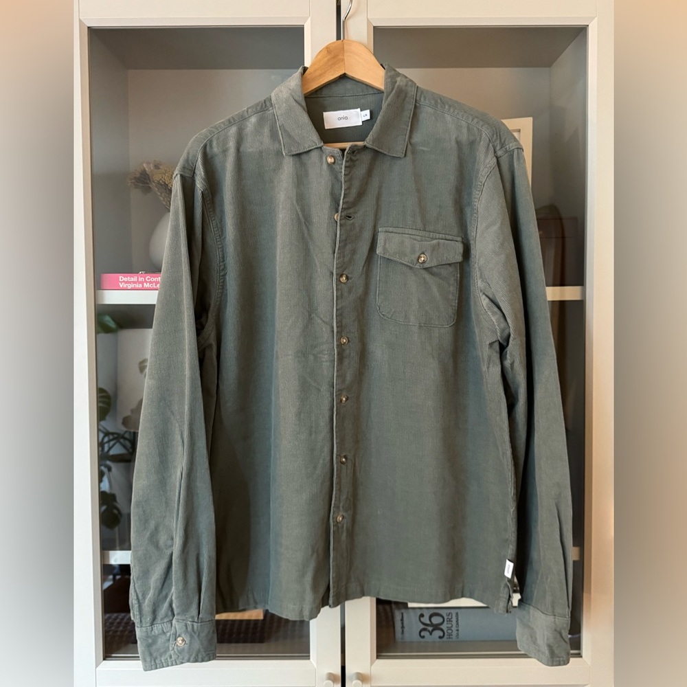 Onia Thick-Corduroy Light Teal Green Button Up Shirt, Size L